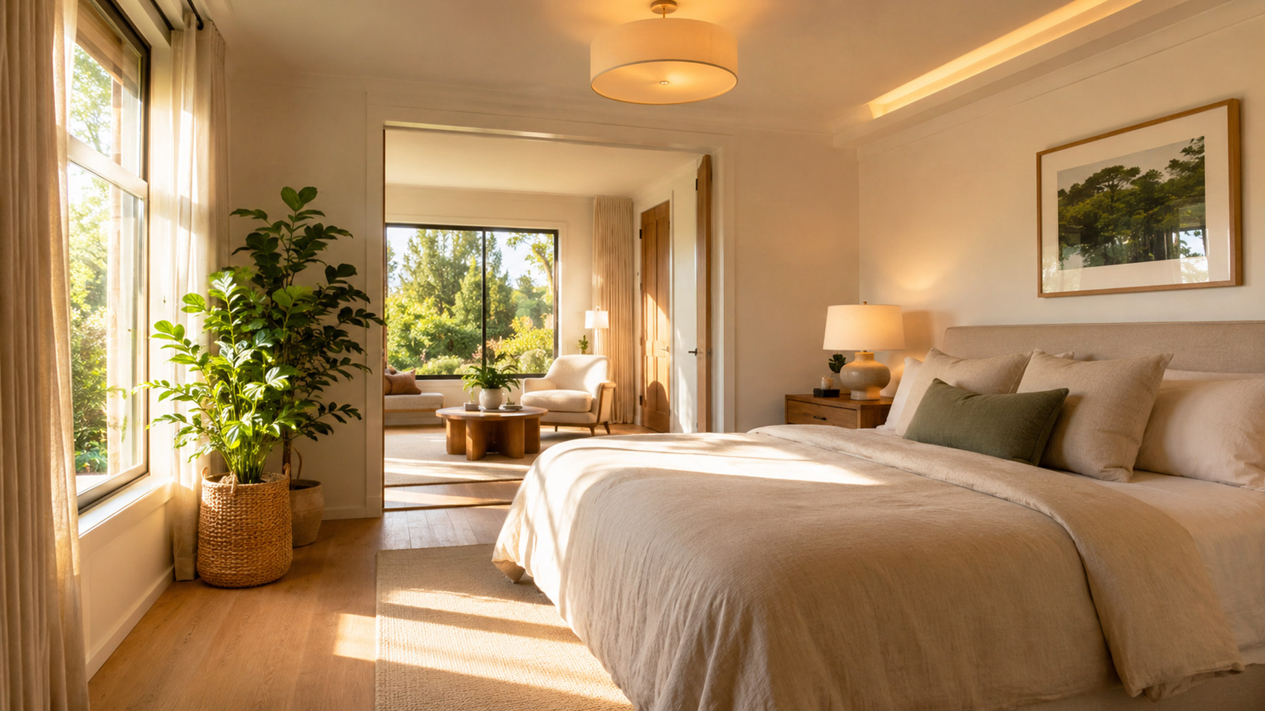 Warm, sunlit bedroom with soft lighting, natural materials, indoor plants, and a calm minimalist design that supports healthy sleep.