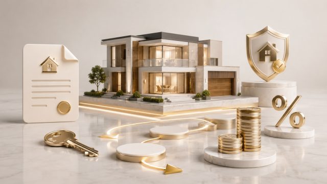 A luxury home model surrounded by gold keys, coins, percentage symbols, lending documents, and financial protection icons on a marble surface.