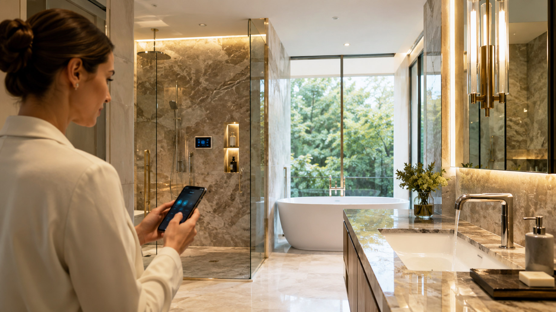 Woman using a smartphone to control smart plumbing features in a luxury bathroom with marble finishes, glass shower, bathtub, and touchless faucet.