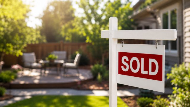 White real estate sign with red sold lettering in front of a bright suburban backyard with patio seating, greenery, fencing, and soft sunlight.