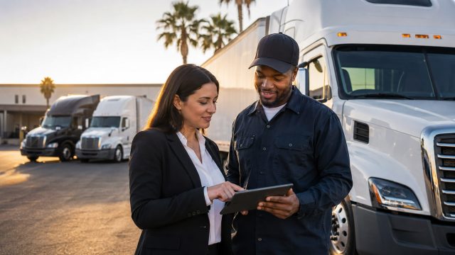 A logistics manager reviews tablet details with a CDL driver beside semi-trucks at a Southern California freight yard during golden hour.