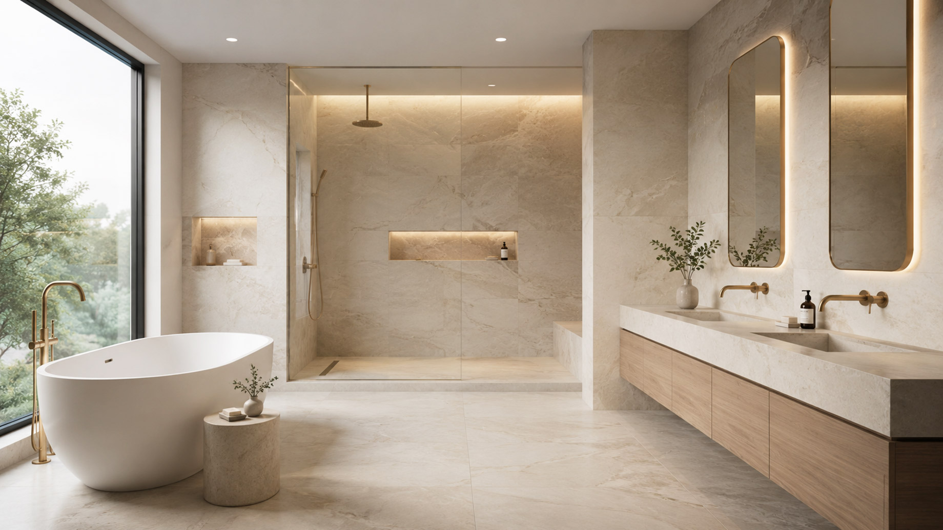 Luxury master bathroom with freestanding bathtub, glass walk-in shower, marble walls, double vanity, brass fixtures, soft lighting, and large window views.