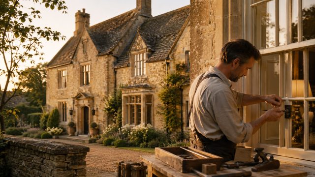 A skilled craftsperson restores a traditional timber sash window on a honey-coloured Oxfordshire stone property at golden hour.