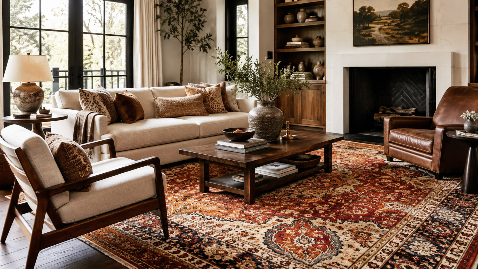 Luxury living room with a large patterned statement rug, neutral seating, wood furniture, and warm earthy decor.
