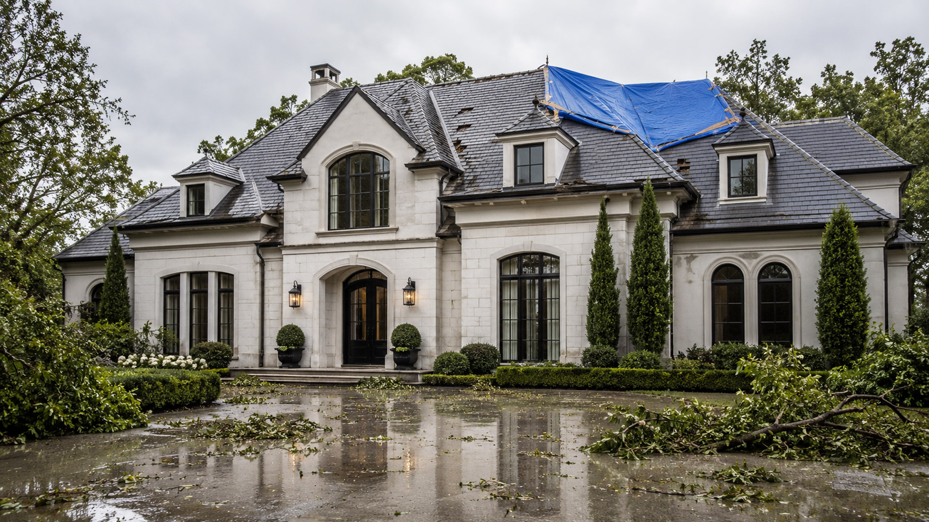 Elegant mansion after severe weather with a blue tarp covering part of the roof, scattered branches on a wet driveway, storm clouds, and landscaped grounds.