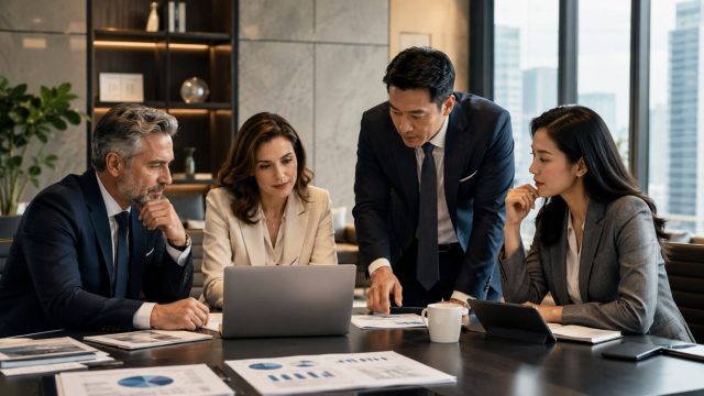 Executive team reviewing financial charts and business reports during a strategic capital planning meeting in a modern boardroom.