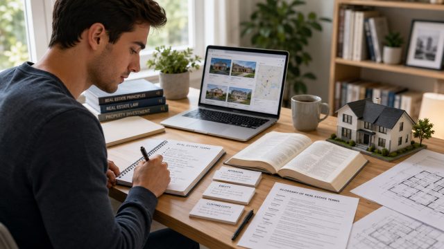 A young professional writes real estate terms in a notebook while studying with flashcards, property documents, a laptop, and a house model on a desk.