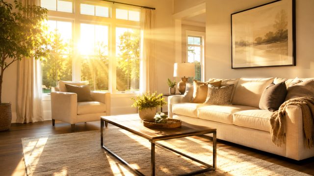 Bright summer sunlight streaming through large living room windows onto a sofa, coffee table, rug, and hardwood floor.