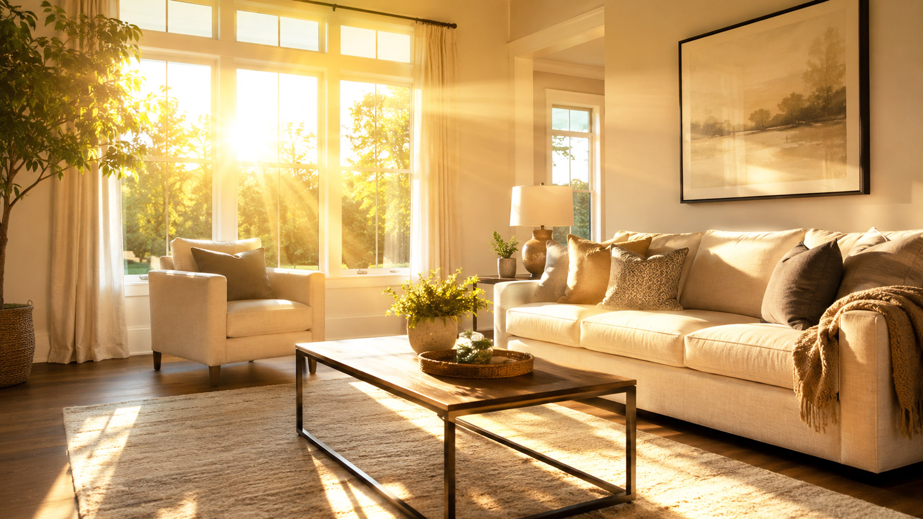 Bright summer sunlight streaming through large living room windows onto a sofa, coffee table, rug, and hardwood floor.