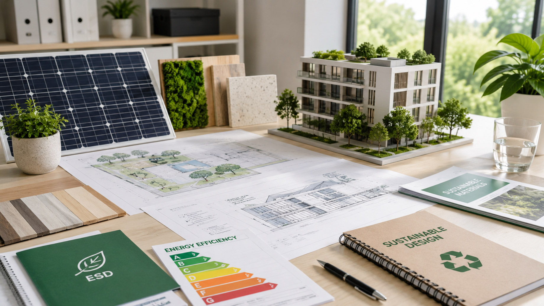 Sustainable architecture workspace with building model, solar panel, blueprints, energy efficiency chart, plants, and eco-friendly material samples.