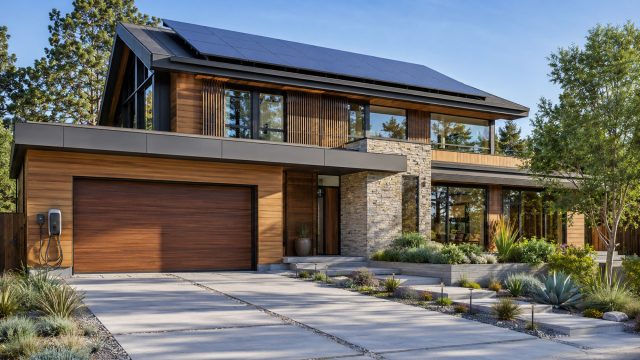 Modern two-storey luxury home with solar panels, clean wood slat detailing, stone accents, and drought-tolerant landscaping.