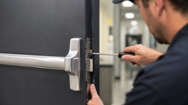 Close-up of a technician using a screwdriver to adjust the latch hardware on a commercial metal door with a panic bar.