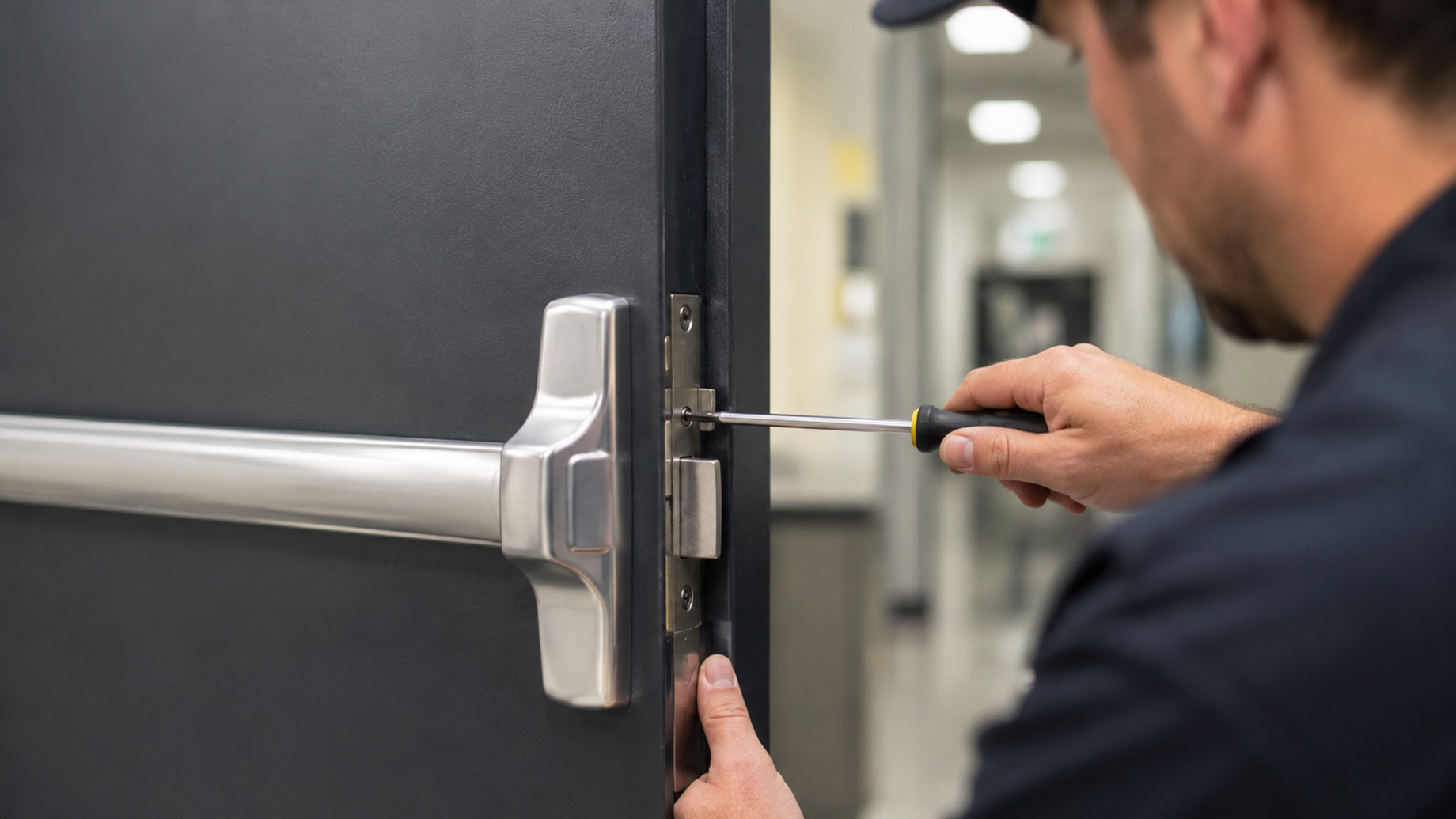 Close-up of a technician using a screwdriver to adjust the latch hardware on a commercial metal door with a panic bar.