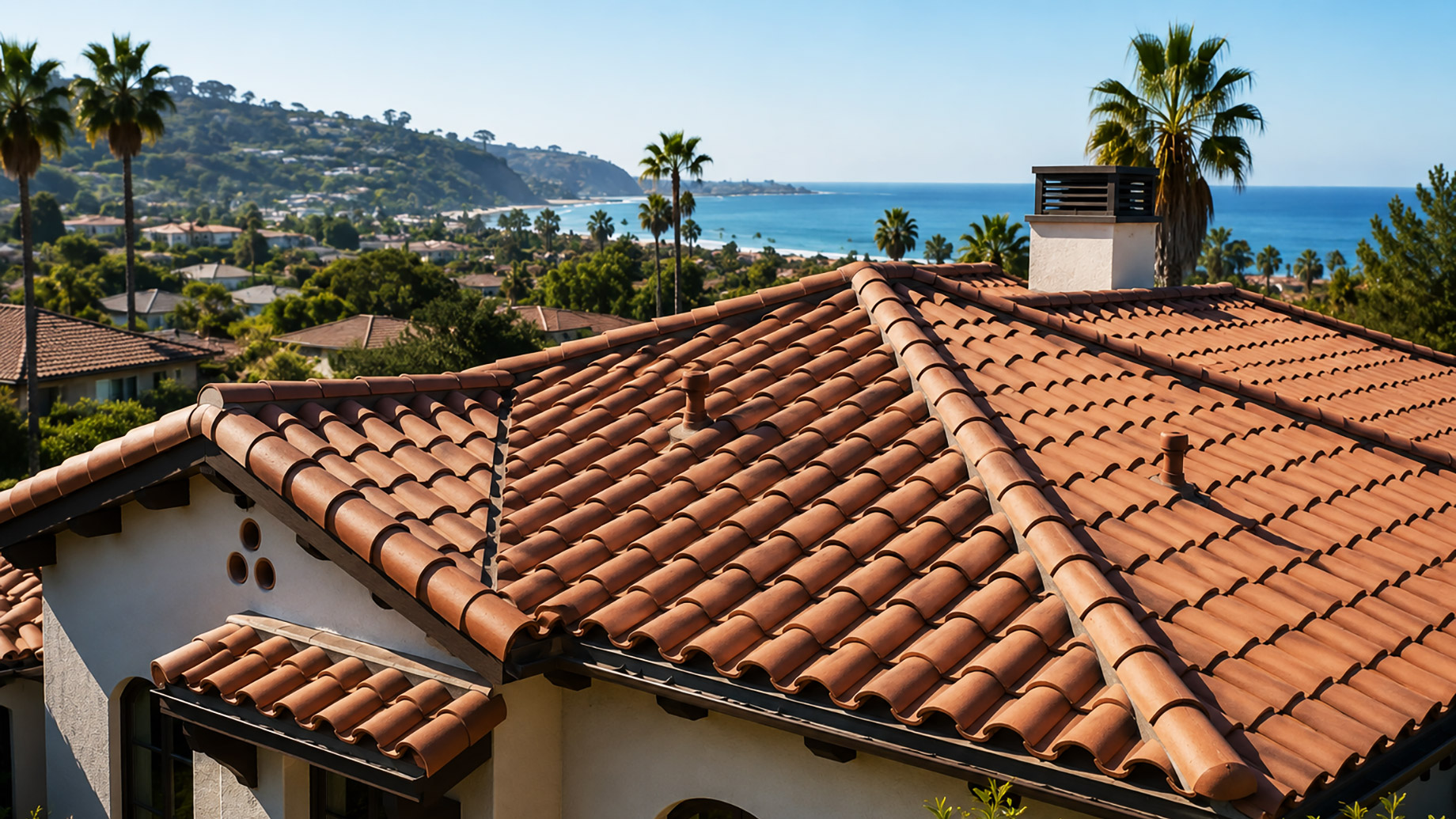 Mediterranean-style home with terracotta roof tiles, arched windows, palm trees, hillside homes, and the Southern California coastline in the background.