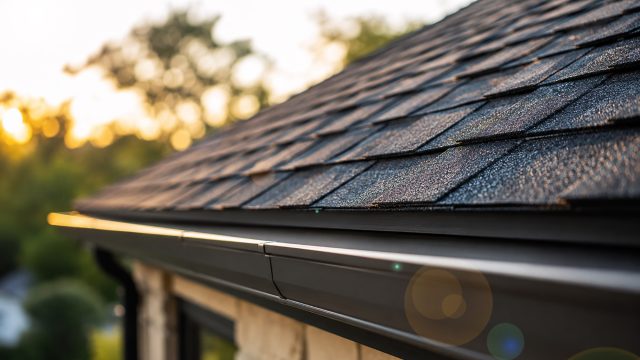 Close-up of a Texas home roof with dark architectural shingles, clean metal gutters, stone exterior details, and warm sunlight.