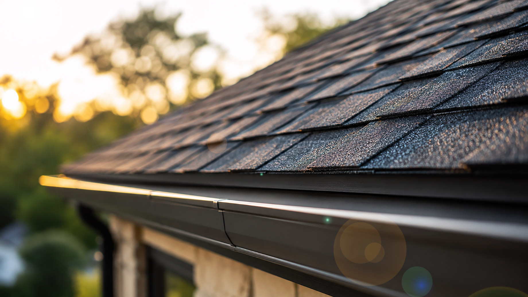 Close-up of a Texas home roof with dark architectural shingles, clean metal gutters, stone exterior details, and warm sunlight.
