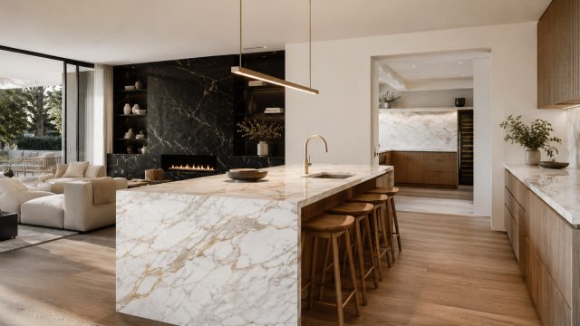 Luxury open-plan kitchen and living space with a Calacatta-style marble island, black marble fireplace wall, warm timber cabinetry, and refined neutral finishes.