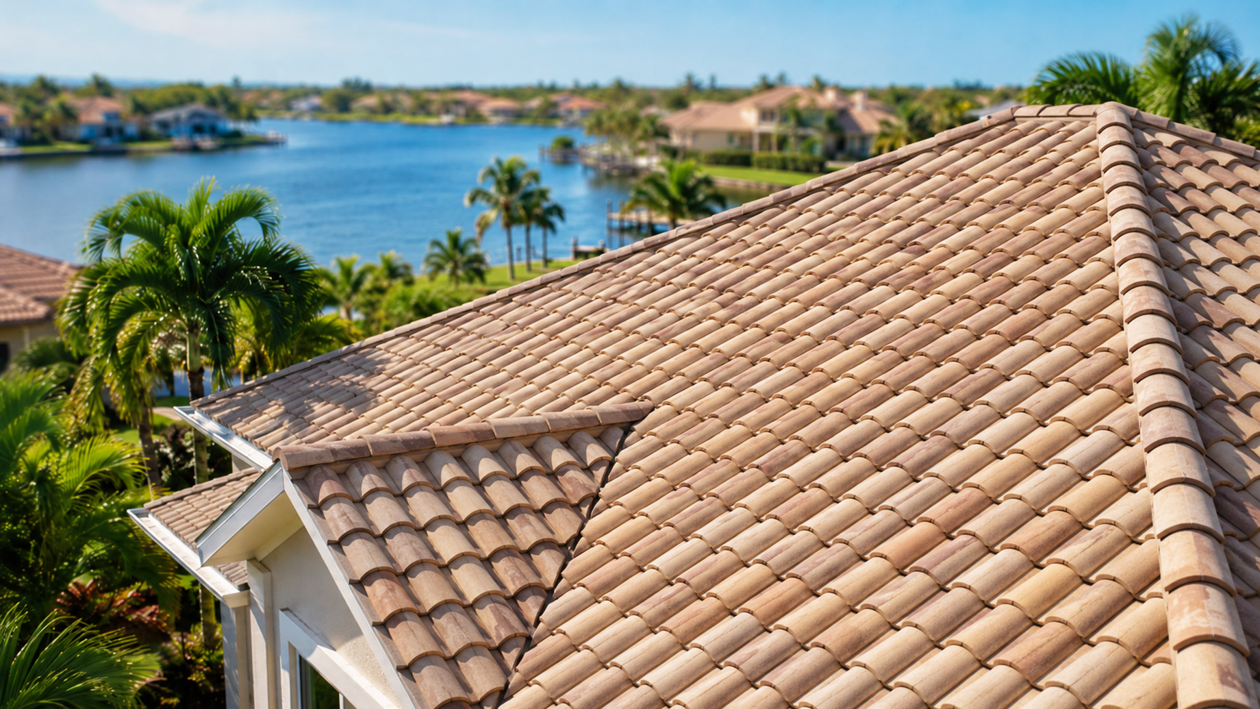 Close view of a tan clay tile roof on a coastal Florida home, with palm trees, waterfront properties, and blue water softly blurred in the background.