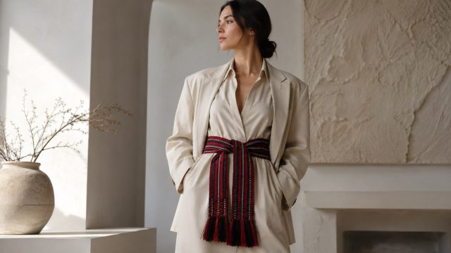 Woman wearing a cream blazer and shirt styled with a red and black traditional woven sash tied around the waist in a minimalist interior.