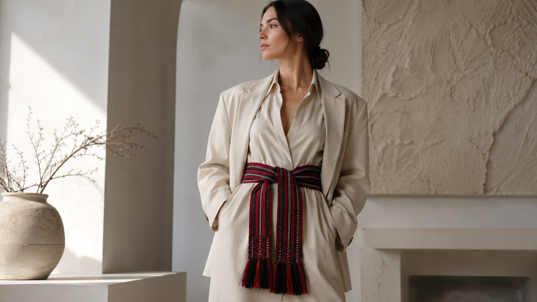 Woman wearing a cream blazer and shirt styled with a red and black traditional woven sash tied around the waist in a minimalist interior.
