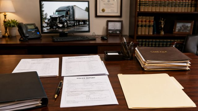 Legal office desk with driver log, vehicle maintenance report, police report, case files, and a computer displaying a damaged semi-truck involved in a crash.