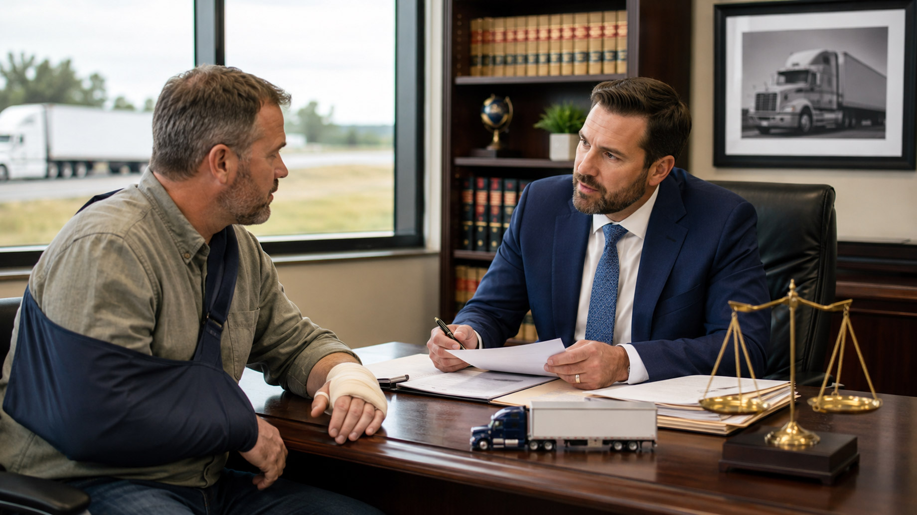 Injured client with arm in sling meets with a truck accident attorney in a law office with legal papers, scales of justice, and a model semi-truck on the desk.