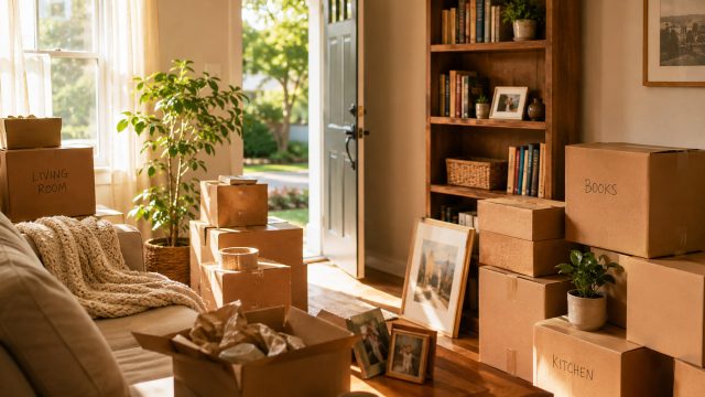 Sunlit living room with packed cardboard boxes, framed family keepsakes, bookshelves, plants, and an open front door during a home move.