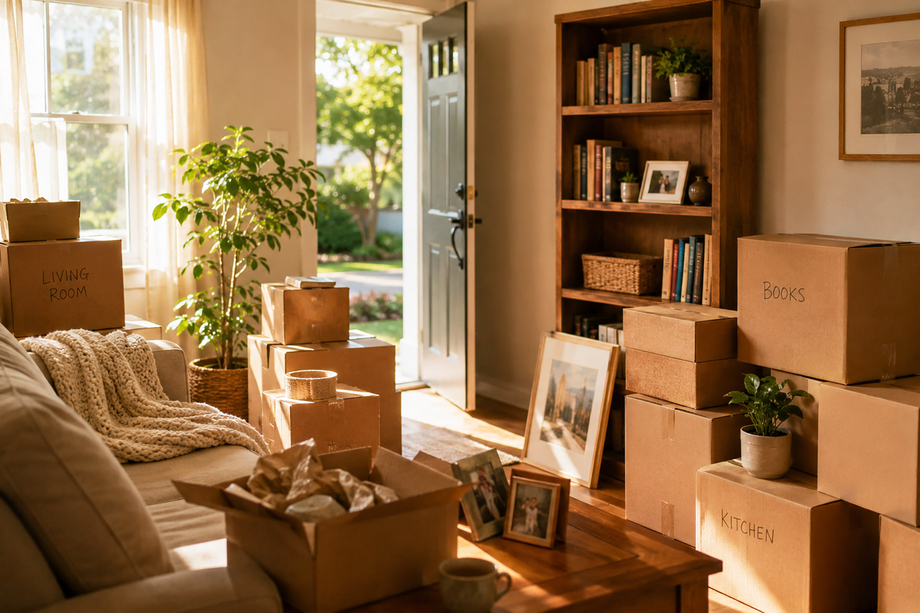 Sunlit living room with packed cardboard boxes, framed family keepsakes, bookshelves, plants, and an open front door during a home move.