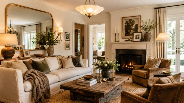 Elegant living room with warm layered lighting, a large gold-framed mirror, textured fabrics, natural rug, reclaimed wood coffee table, and curated decorative accents.