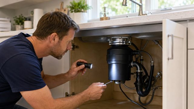 Plumber inspecting a waste disposal unit under a kitchen sink with a flashlight and tool.