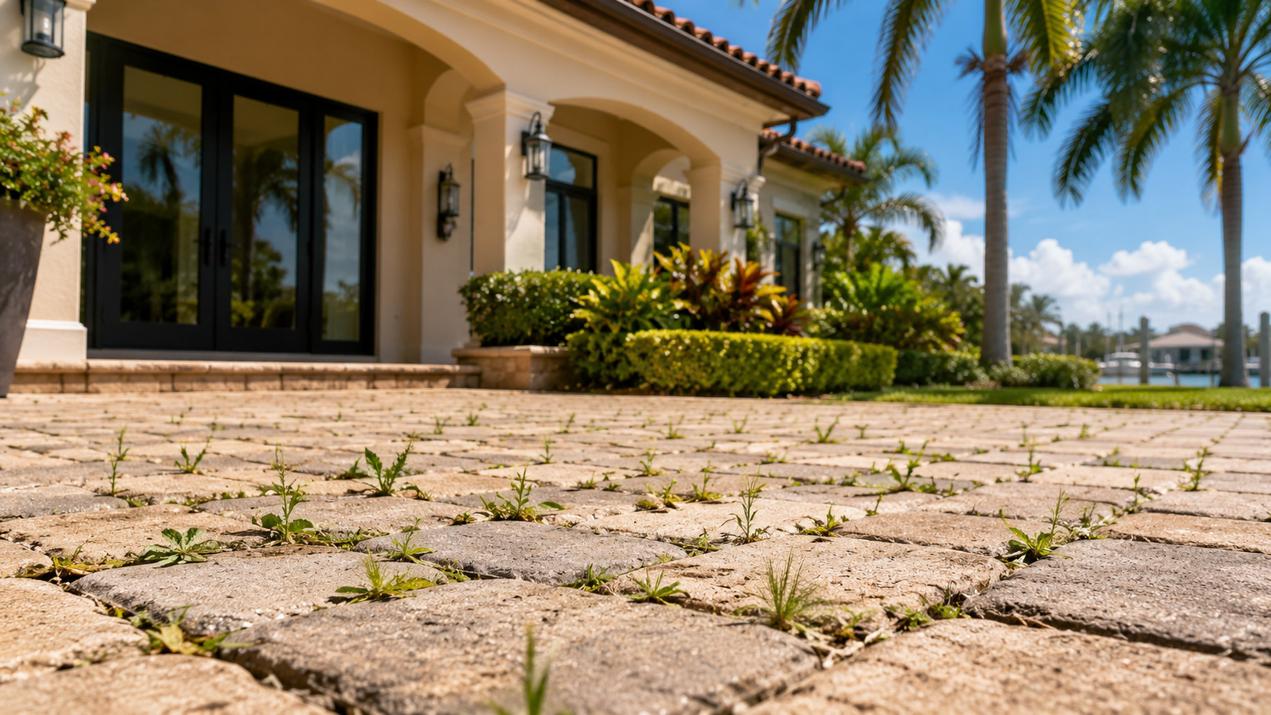 Small weeds growing between stone patio pavers outside a luxury Florida home with palm trees and tropical landscaping.