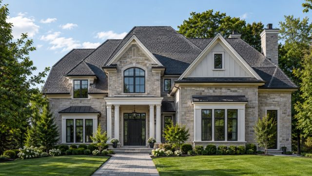 Elegant stone luxury home with clean dark rooflines, black-framed windows, manicured lawn, trimmed shrubs, paved walkway, and bright daytime curb appeal.