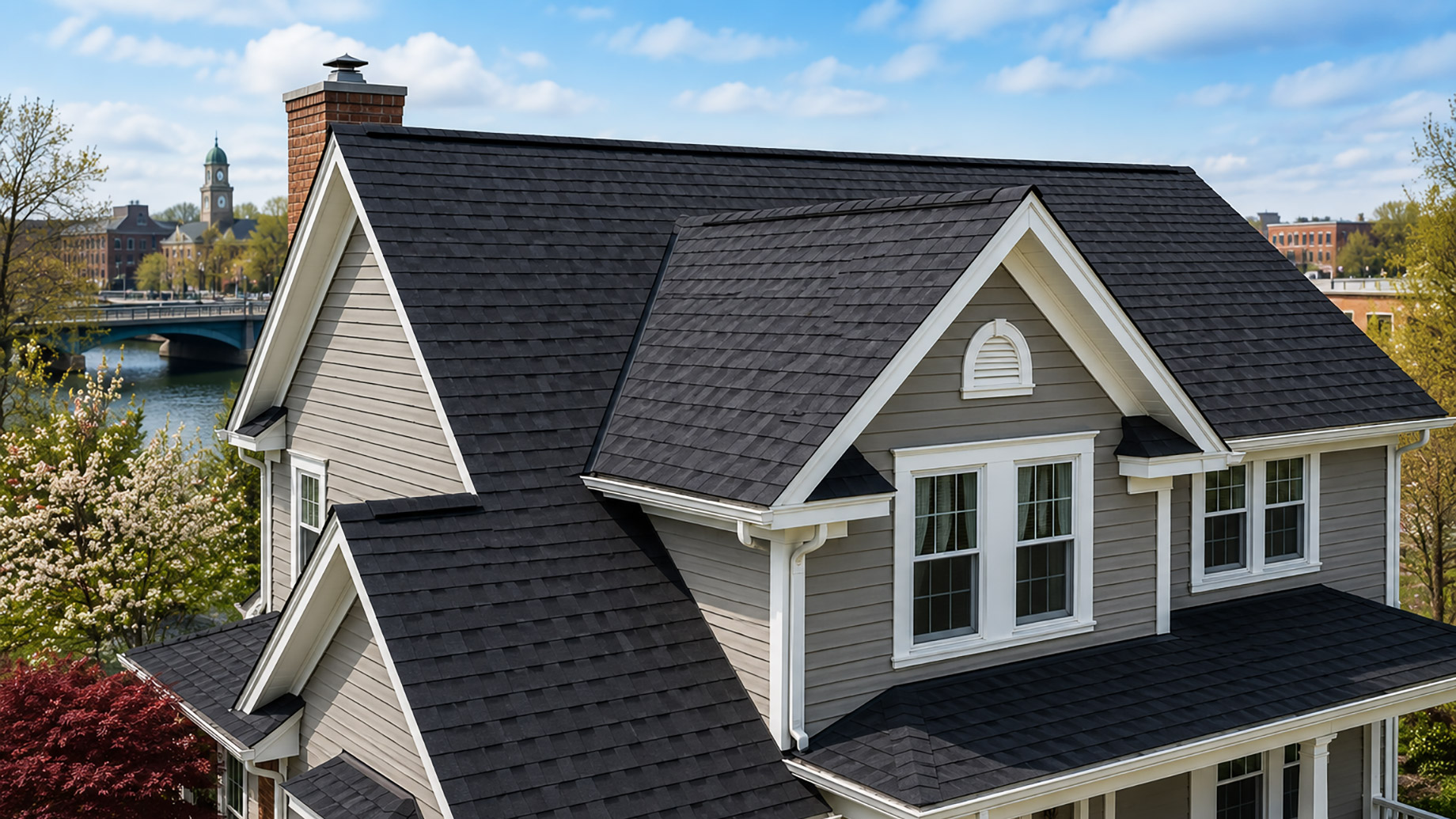 Elevated view of a gray two-story Lockport home with dark asphalt shingles, white gutters, dormer details, a brick chimney, flowering trees, and a riverfront neighborhood setting.