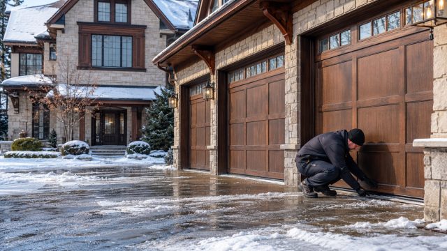 Technician inspecting the bottom seal of a wooden garage door at a snow-covered luxury house during winter.