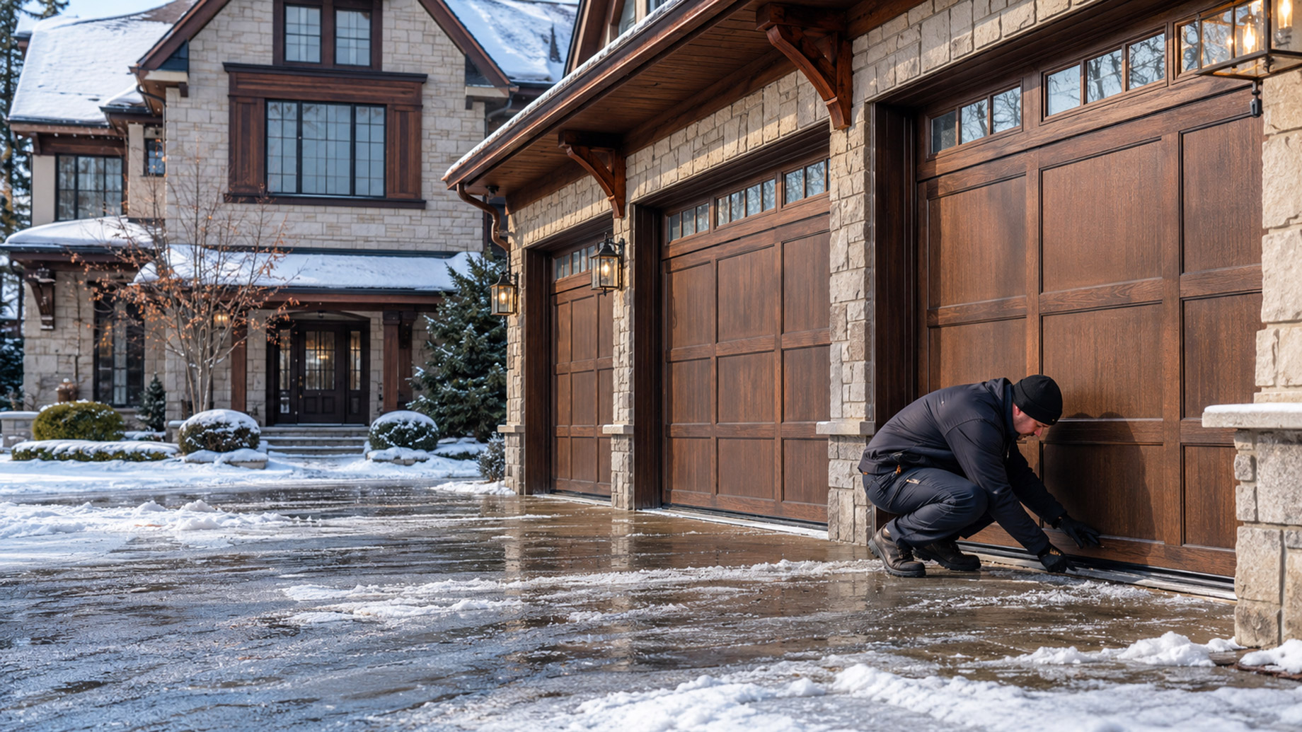 Technician inspecting the bottom seal of a wooden garage door at a snow-covered luxury house during winter.