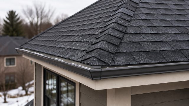 Close-up of a dark shingle roof corner with ridge shingles, gutters on both roof edges, light snow traces, beige siding, and a northern Illinois neighborhood beyond.