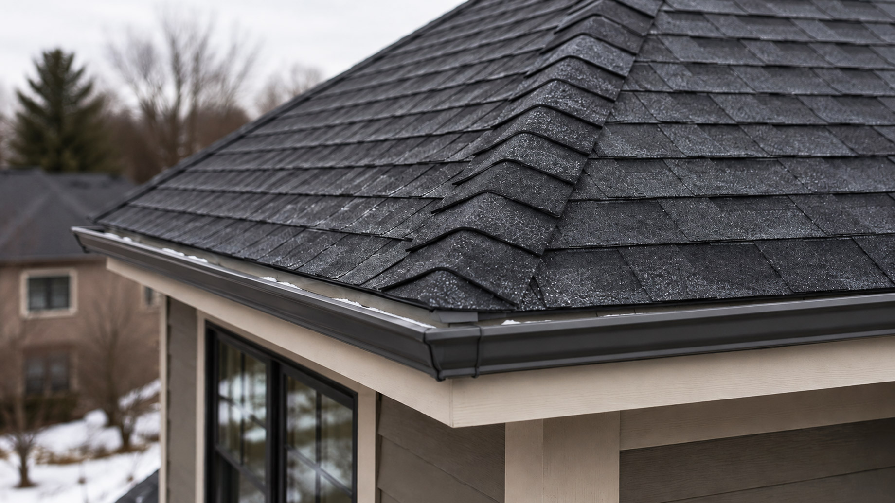 Close-up of a dark shingle roof corner with ridge shingles, gutters on both roof edges, light snow traces, beige siding, and a northern Illinois neighborhood beyond.