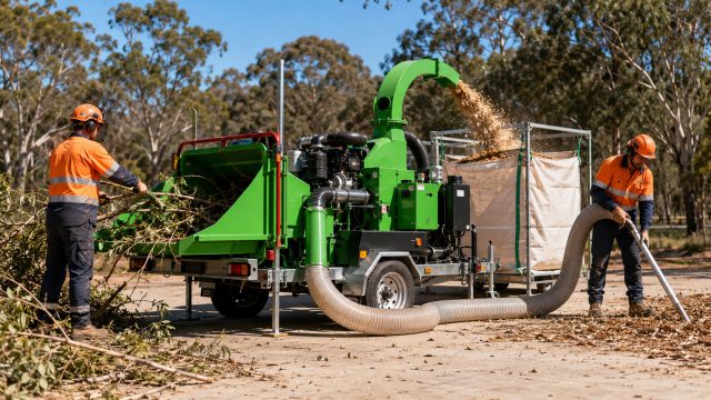 Industrial wood chipper shredder vacuum system processing branches and collecting debris at an outdoor Australian worksite with two operators in safety gear.