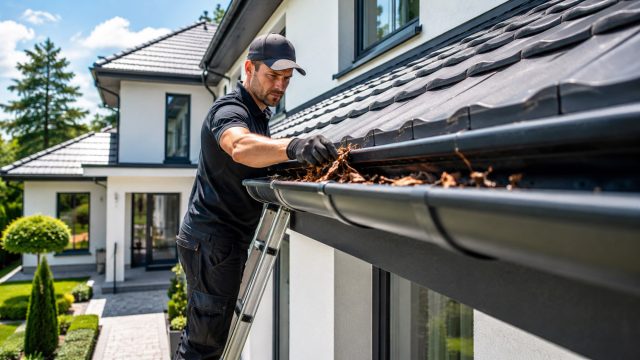 Professional worker on a ladder cleaning leaves and debris from the gutter of a modern luxury home on a sunny day.
