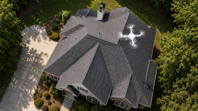 Drone surveying a complex shingle roof from above on a large suburban home surrounded by mature trees and landscaped grounds.
