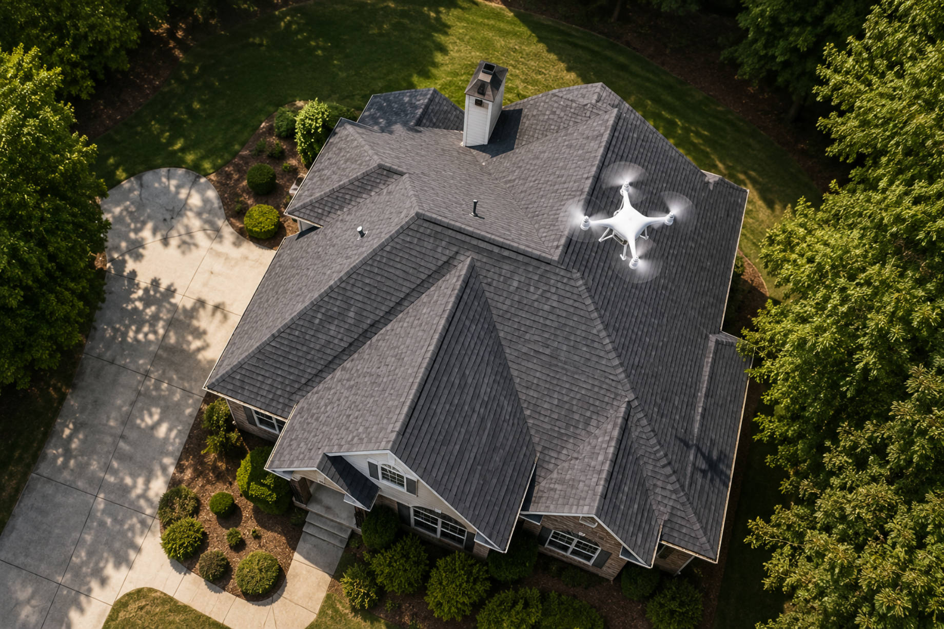 Drone surveying a complex shingle roof from above on a large suburban home surrounded by mature trees and landscaped grounds.