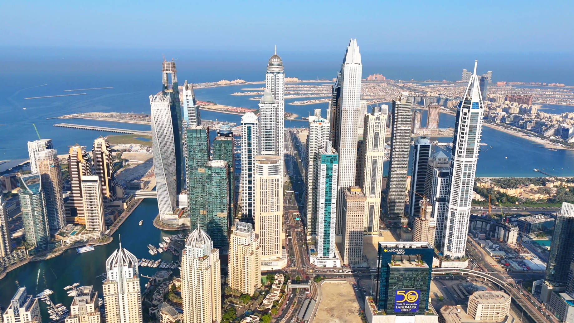 An aerial view of Dubai Marina, an affluent residential neighbourhood known for The Beach at JBR.