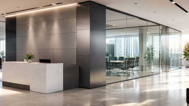 Contemporary office reception with aluminum composite wall panels and frameless glass meeting room partitions.