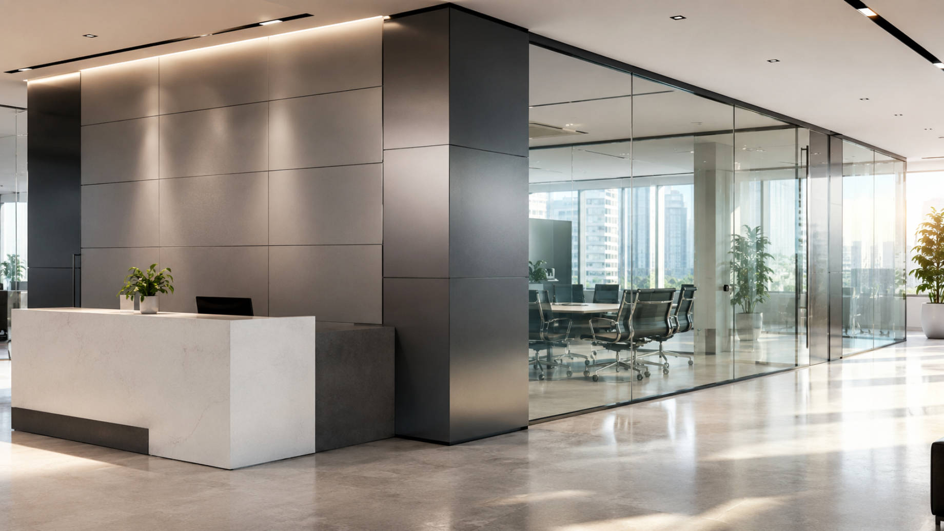 Contemporary office reception with aluminum composite wall panels and frameless glass meeting room partitions.