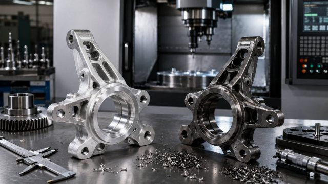 Precision-machined aluminum and steel automotive components displayed beside measuring tools and CNC equipment.