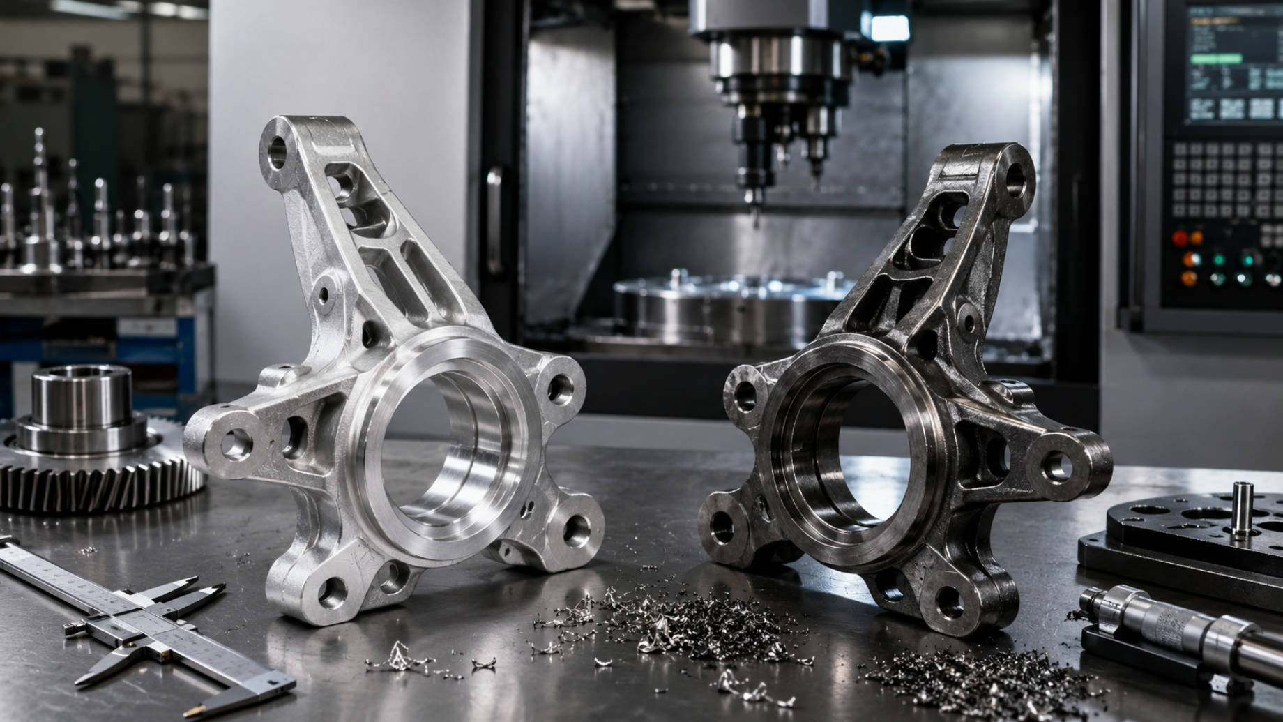 Precision-machined aluminum and steel automotive components displayed beside measuring tools and CNC equipment.