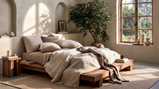 Low wooden bed frame with layered linen bedding in a serene primary suite with plaster walls, arched niches, warm sunlight, and a large potted tree.