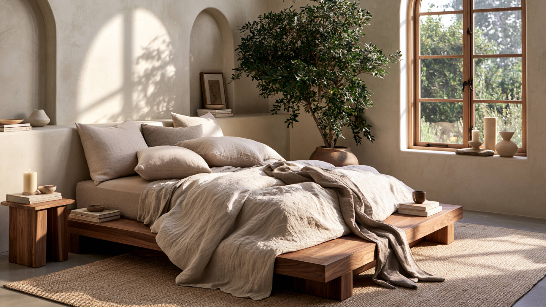 Low wooden bed frame with layered linen bedding in a serene primary suite with plaster walls, arched niches, warm sunlight, and a large potted tree.