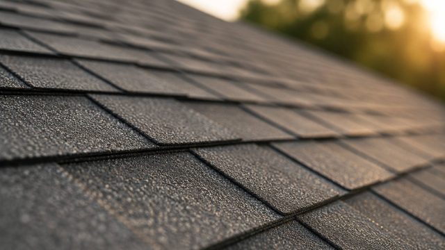 Layered asphalt roof shingles with detailed surface texture and a softly blurred sunset background.