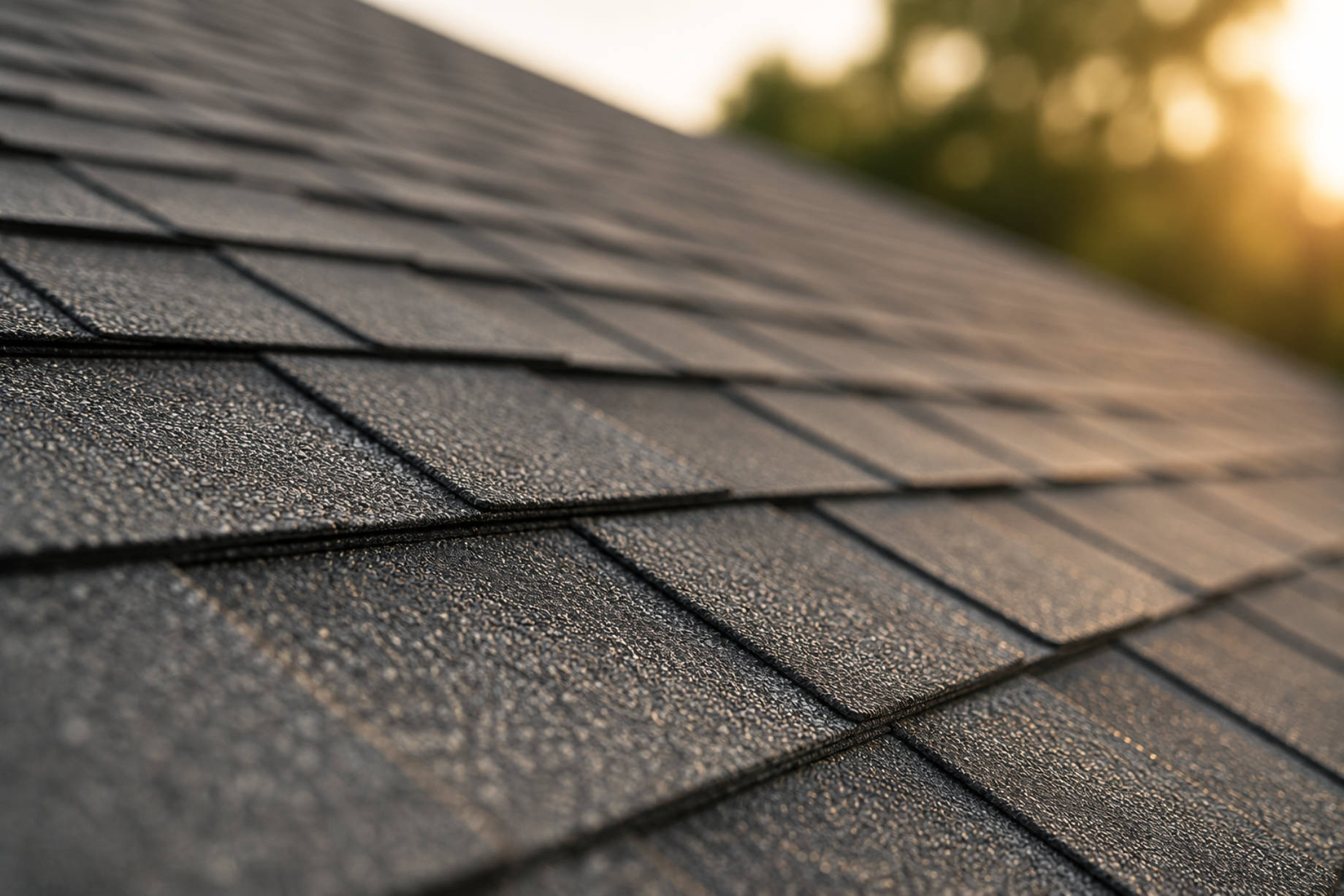 Layered asphalt roof shingles with detailed surface texture and a softly blurred sunset background.